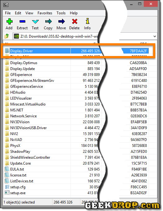 Nvidia GeForce Setup Installation Opened in 7-Zip, to browse and extract files from it.