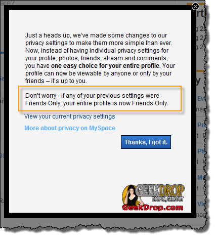 Myspace privacy changes alert and information
