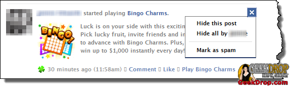 how do I hide facebook games and app notices in my feed?