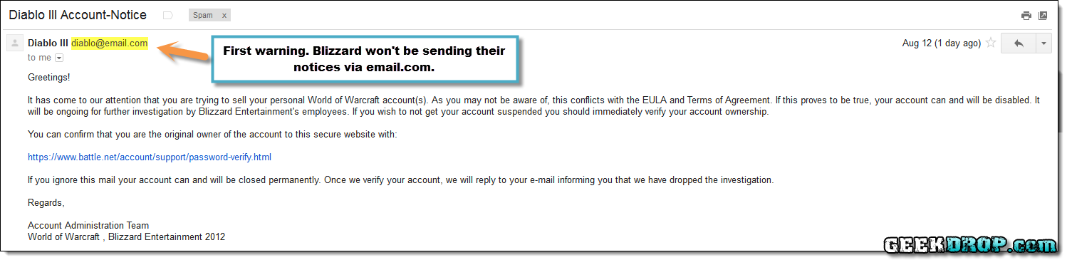 Diablo Blizzard Email Phishing example