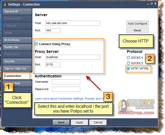 connecting to AIM with TOR and Polipo