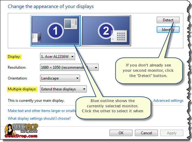 How To Set Up Dual Monitors - Display Settings Windows 7