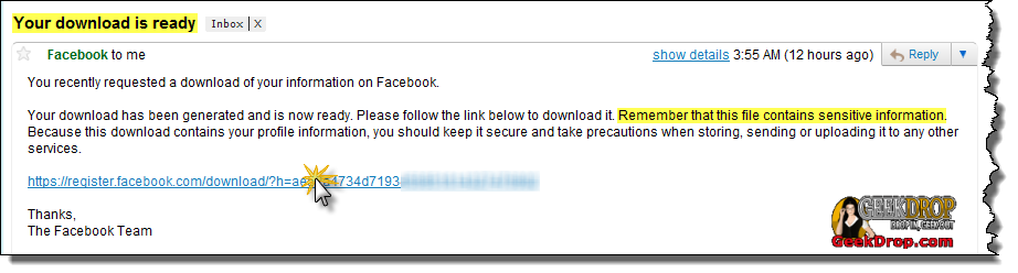 facebook download your profile email link