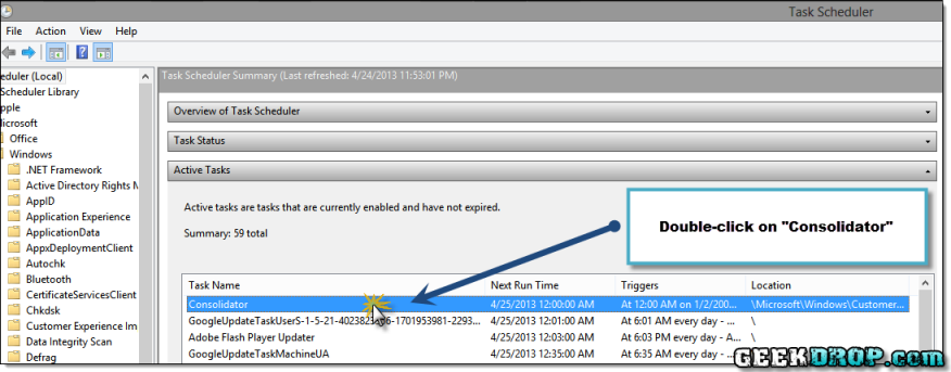 What Is wsqmcons.exe? The Task Scheduler Window showing Consolidator.