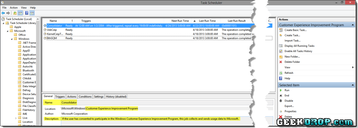 What Is wsqmcons.exe? The Task Scheduler Window showing Consolidator Description.